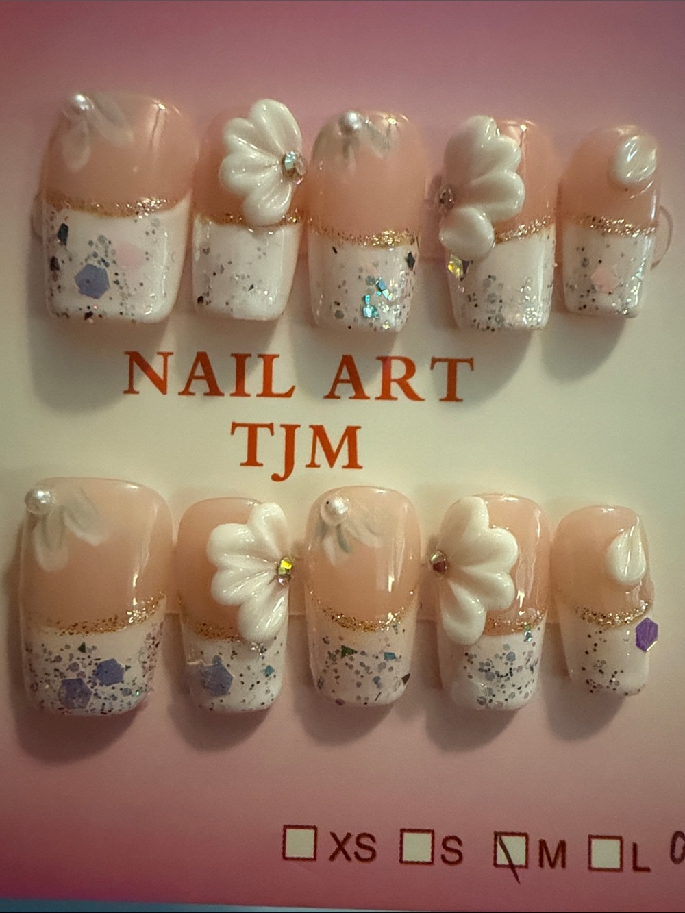 White & Nude Floral handmade acrylic press on Nails